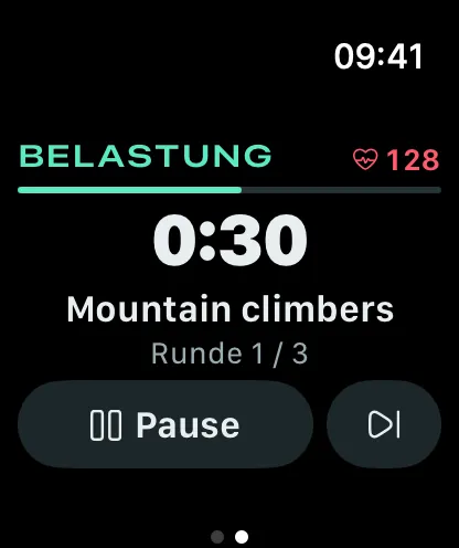 Stako auf der Apple Watch mit einem Satz Goblet Squats, einem 30-Sekunden-Timer und dem Pausenbildschirm