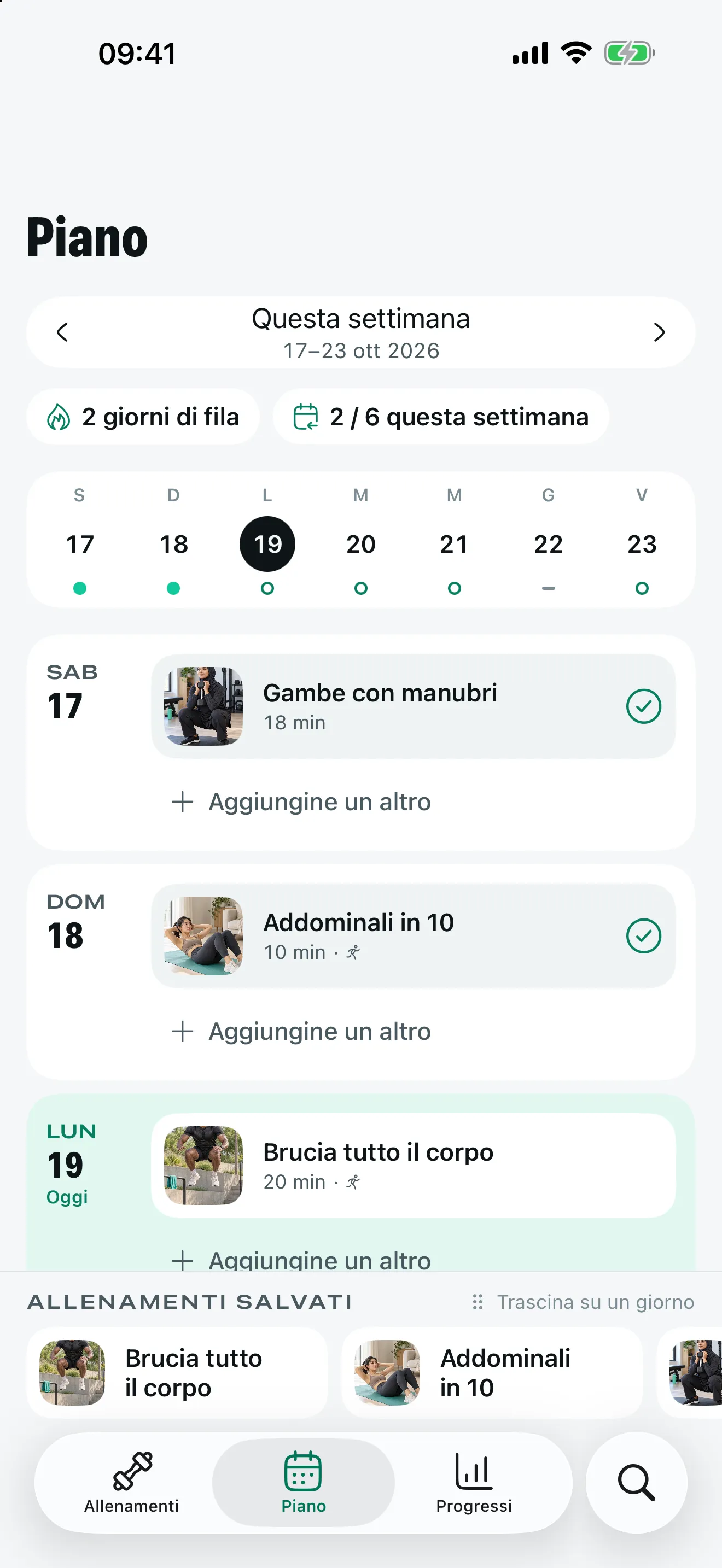 Il piano settimanale di Stako con una serie di due giorni e allenamenti pianificati