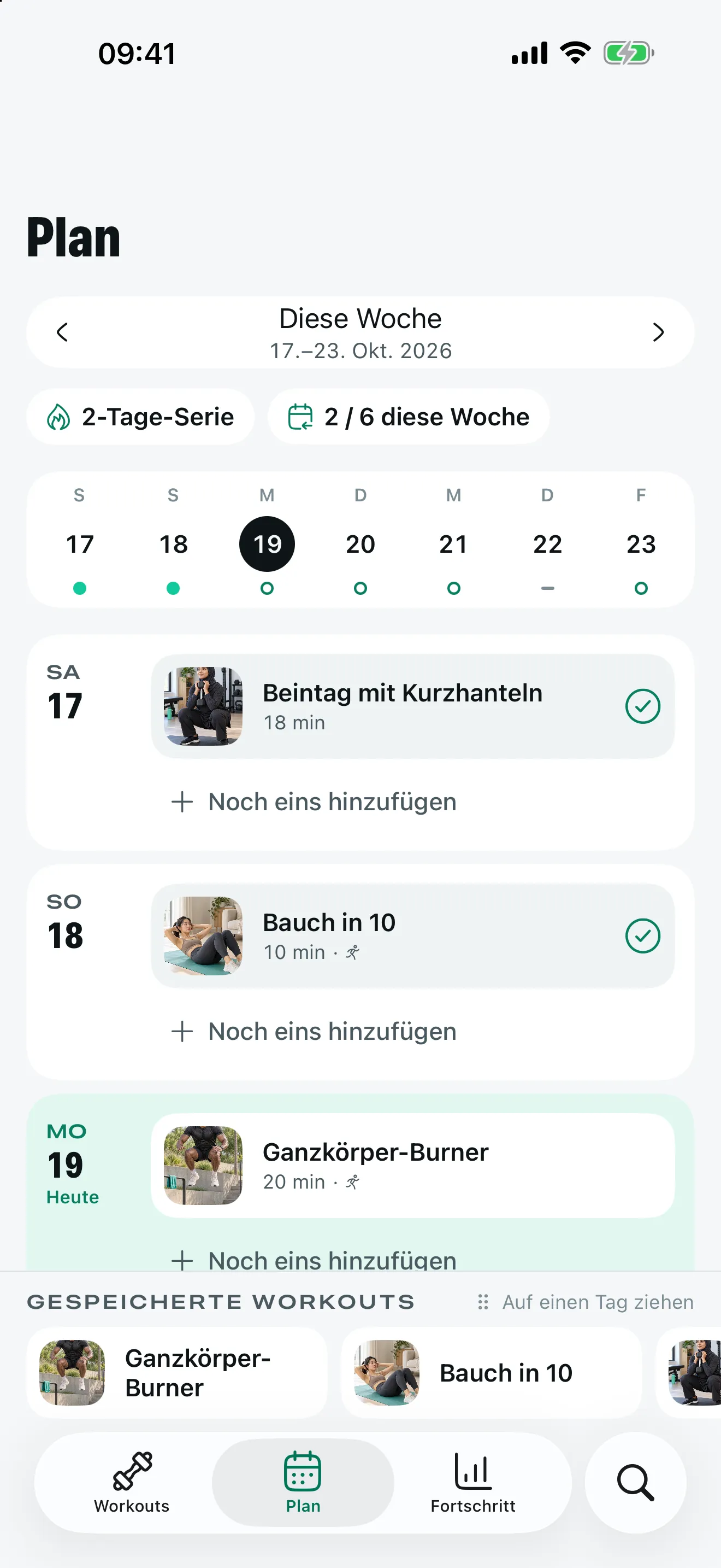 Stakos Trainingsplan für die Woche mit einer Serie von zwei Tagen und geplanten Workouts