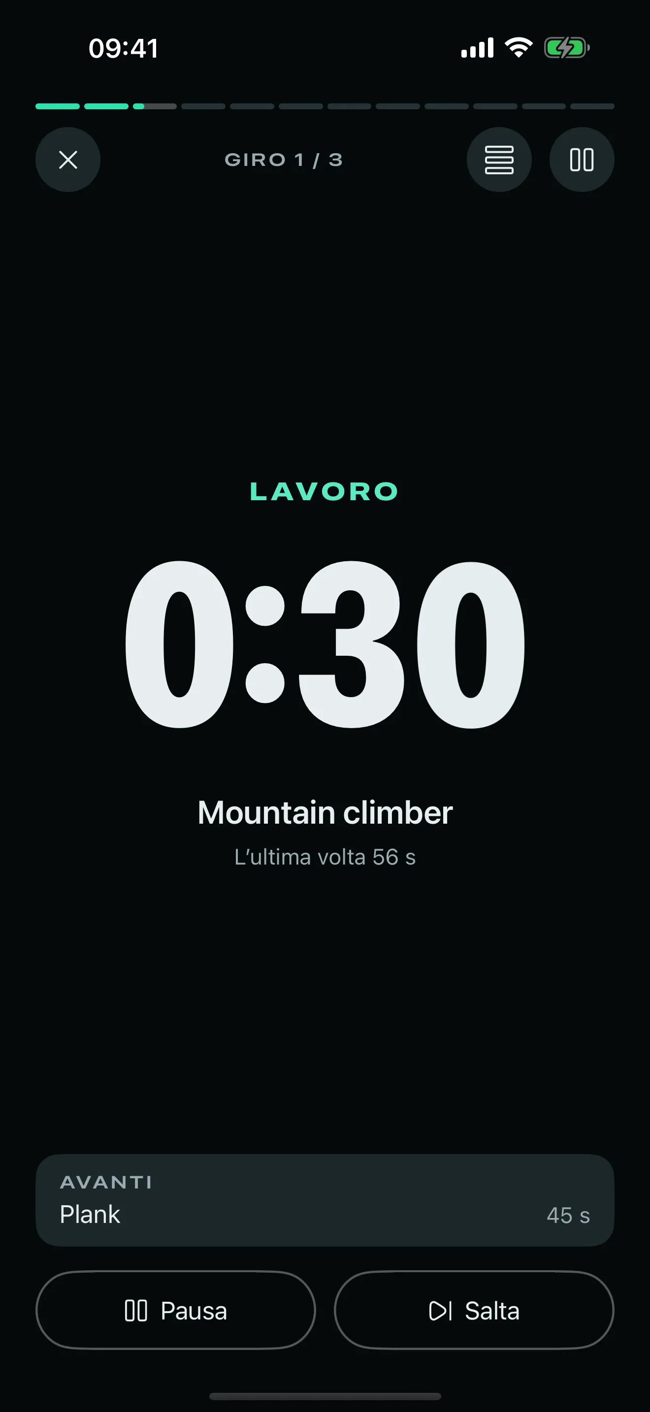 La modalità allenamento di Stako su iPhone con un conto alla rovescia di 30 secondi di mountain climber