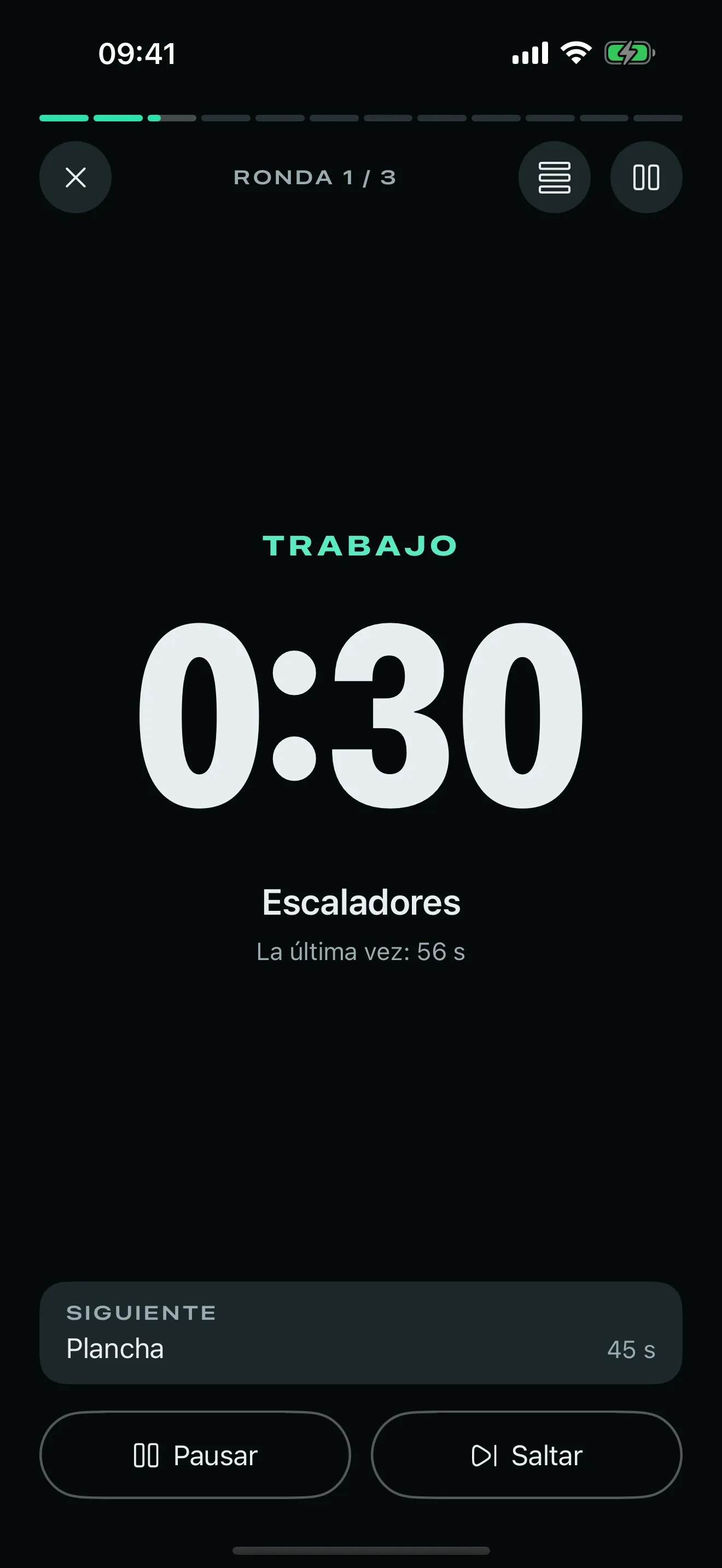El modo entrenamiento de Stako en iPhone con una cuenta atrás de 30 segundos de escaladores