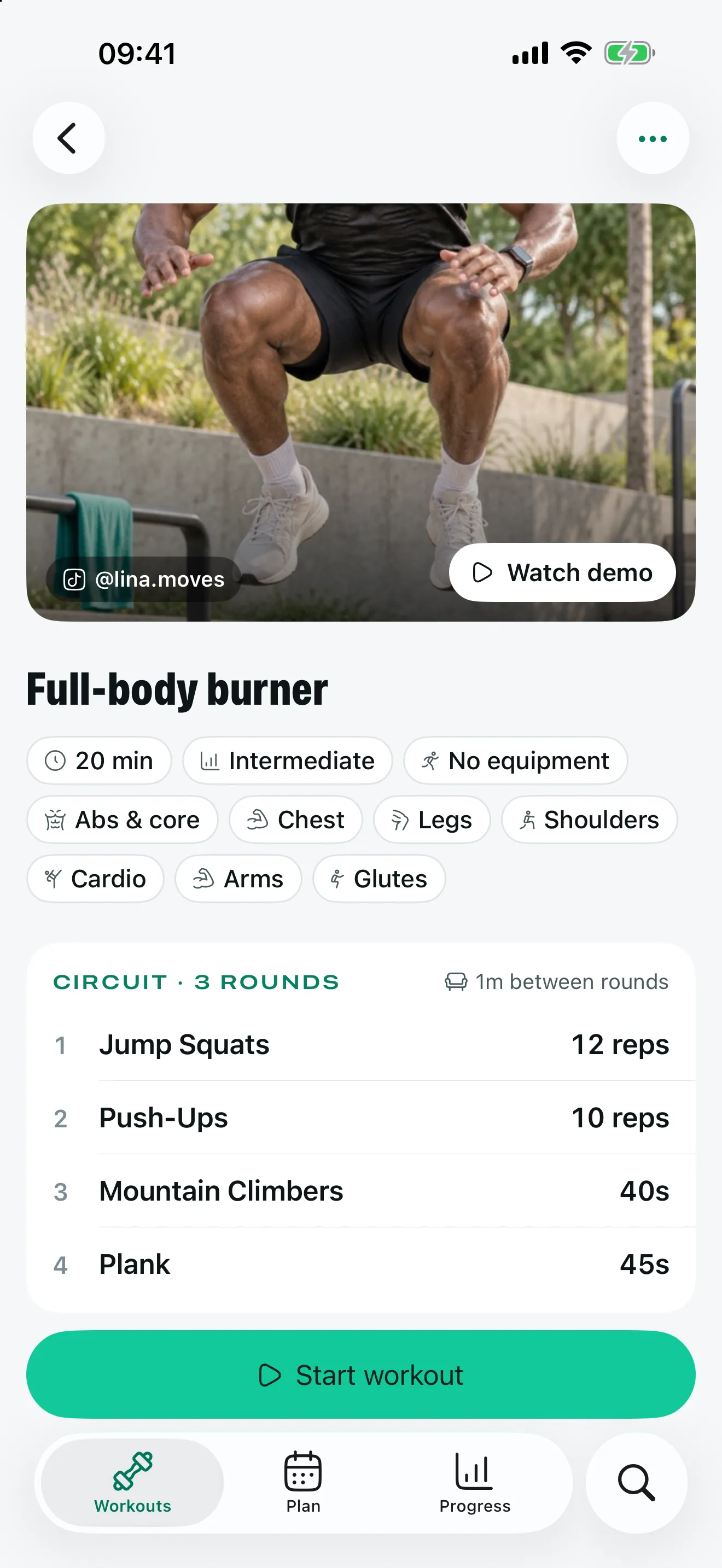 A workout card in Stako with exercises, reps and time, parsed from a TikTok caption