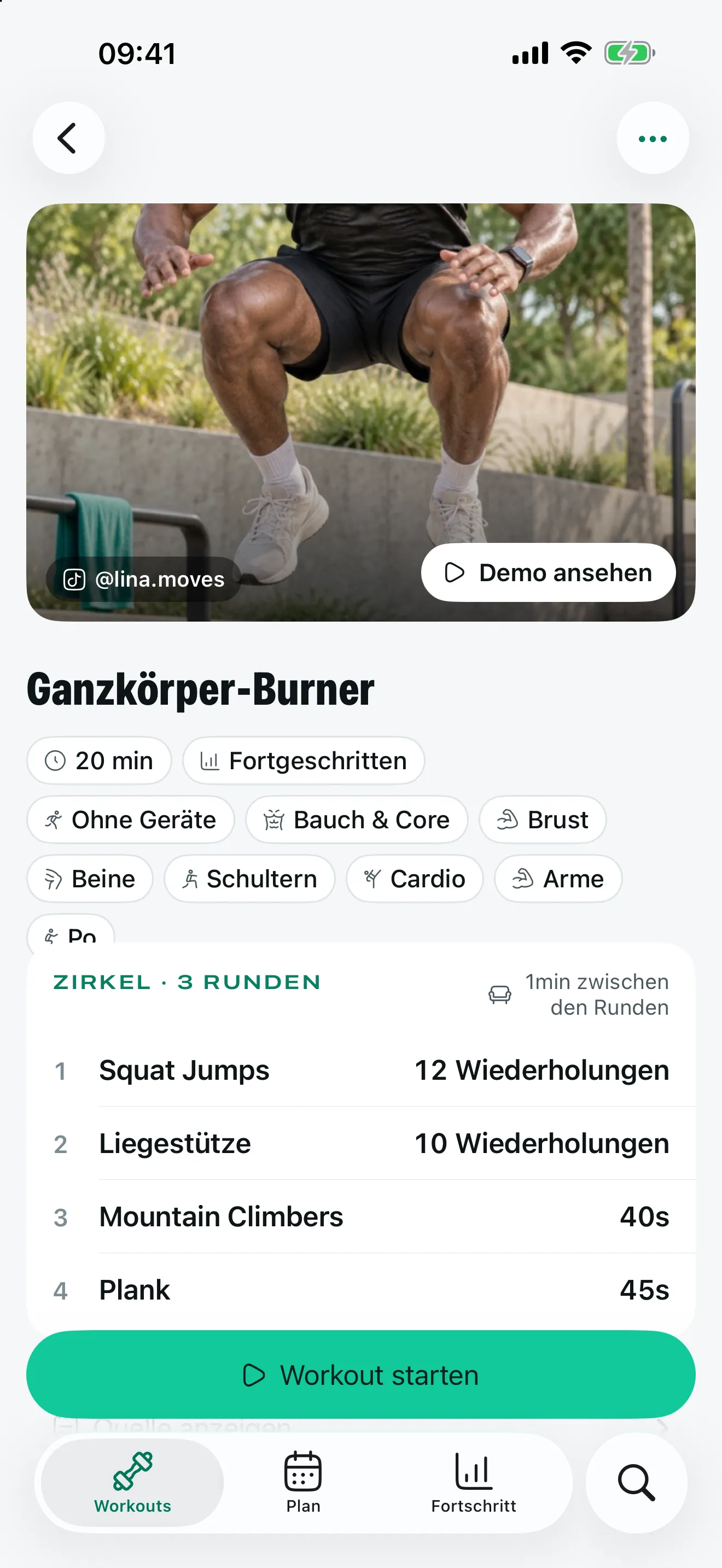 Eine Workout-Karte in Stako mit Übungen, Wiederholungen und Zeiten, gelesen aus einer TikTok-Caption